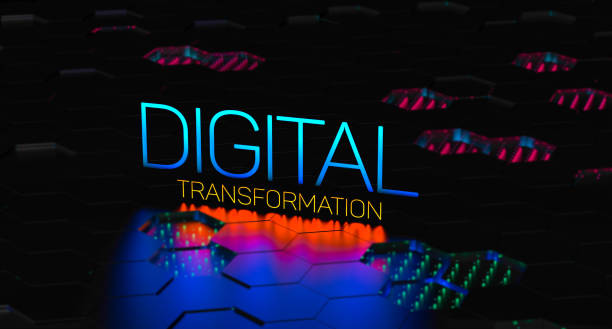 istock DIGITAL TRANSFORMATION text concept neon glowing in blur. Application of digital transformation in business, word, banner. 3D render. 1496114701