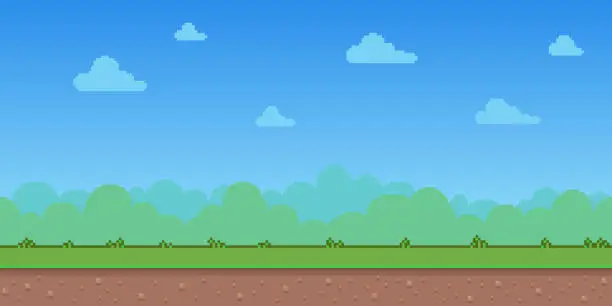 Vector illustration of simple vector pixel art horizontal illustration of outdoor landscape background. Pixel arcade screen for game design. Game design concept in retro style