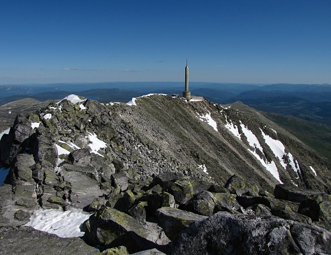 View from Gaustatoppen with the radio tower near the mountain's summit. Gaustatoppen is the highest mountain in Telemark, Norway.