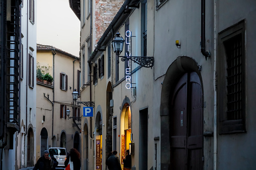 Florence, Italy - April 15, 2023: Facades of buildings of a narrow street of the old town can be seen here in the evening. On these facades you can see various neon signs and inscriptions