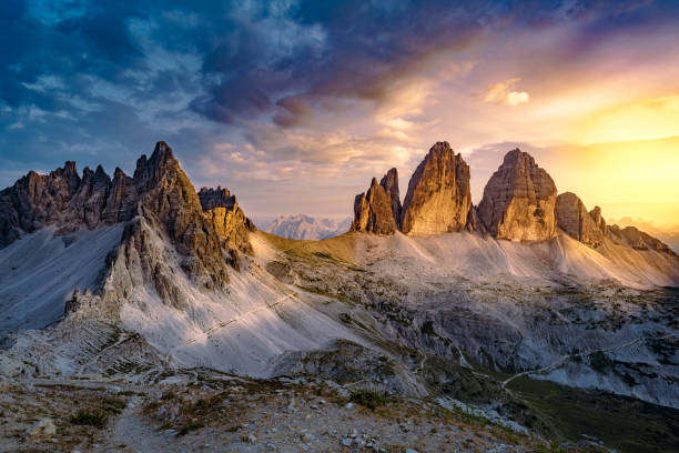 istock Epic view from Sextner Stein on Monte Paterno and Tre Cime mountain range in the evening. Tre Cime, Dolomites, South Tirol, Italy, Europe. 1496115419