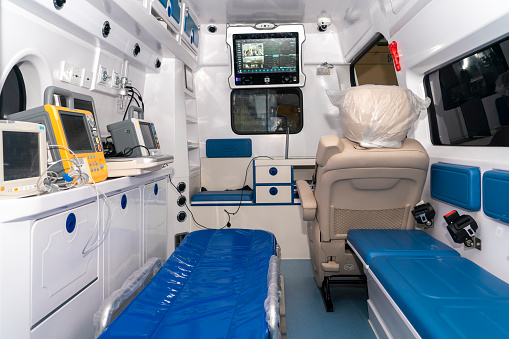 Medical equipment and instruments inside the ambulance