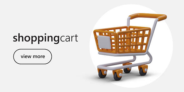 Web page with cartoon realistic 3d shopping cart. Promotion banner for supermarket. Online and offline shopping concept. Vector flat illustration in warm colors