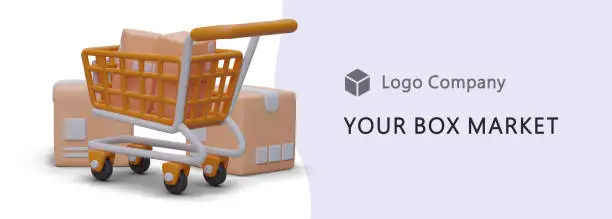 Vector illustration of Orange realistic 3d shopping cart with boxes. Online web page for box market