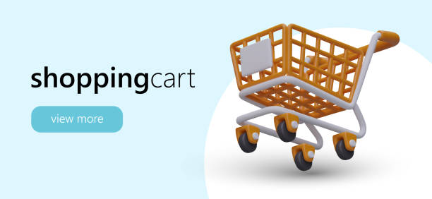 istock Cartoon shopping cart in realistic 3d design. Web page with button view more 1496117219