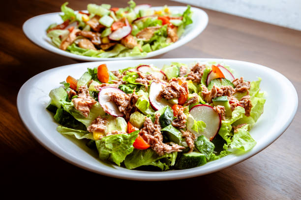 Tuna Salad White Ceramic Bowl High Resolution Stock PhotoHealthy saladTuna filletHealthy eating