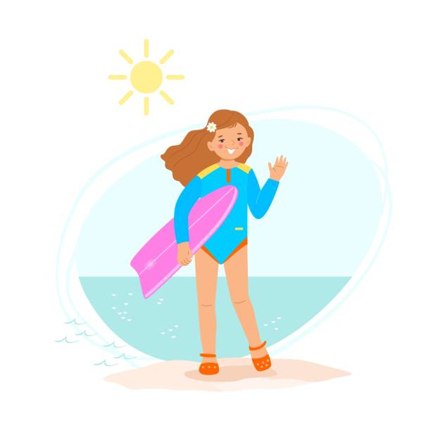 ilustrações de stock, clip art, desenhos animados e ícones de little girl in swimsuit on the beach with a surfboard. - cartoon little girls surfing child