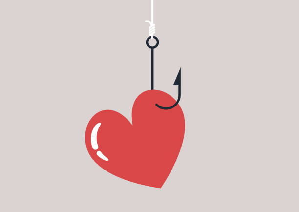 ilustrações de stock, clip art, desenhos animados e ícones de a heart hanging on a fishing hook, dangerous manipulations in relationships - catch of fish illustrations