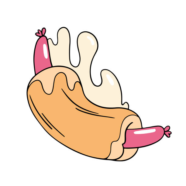 illustrations, cliparts, dessins animés et icônes de illustration d’un hot-dog sur fond de noisettes de sauce, saucisse dans un petit pain à plat - hotdogging