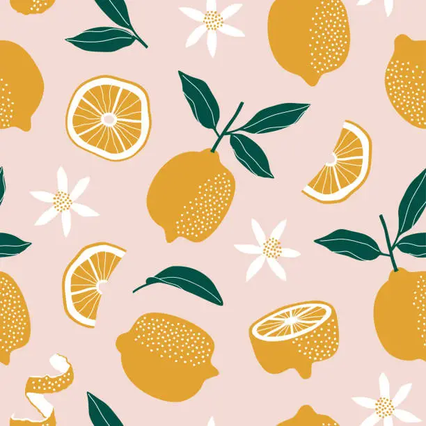 Vector illustration of export.datSummer seamless pattern with lemon, lemon slice, leaves. Fruit repeated background.