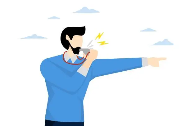 Vector illustration of Whistleblower business insider mistake to disclose information illegally to public concept, businessman blowing whistle pointing signal to inform others. flat vector illustration on a white background.