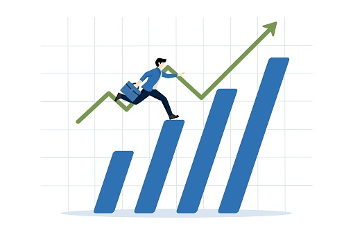 Successful investors, income earning, earn more, growth chart, investment strategy, portfolio, financial management. Businessman walking on bar chart. flat vector illustration.