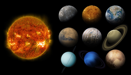 Solar system planets and Sun isolated on black for ease of use and integration into your design. Sun, Mercury, Venus, Earth, Mars, Jupiter, Saturn, Uranus, Neptune, Pluto. High quality image. Elements of this image furnished by NASA. ______ Url(s): https://photojournal.jpl.nasa.gov/catalog/pia01492 https://mars.nasa.gov/mars2020/multimedia/images/index.cfm?imageid=5396\nhttps://photojournal.jpl.nasa.gov/catalog/PIA18033 https://photojournal.jpl.nasa.gov/catalog/PIA13840  \nhttps://photojournal.jpl.nasa.gov/catalog/PIA18182 https://www.nasa.gov/image-feature/pluto-dazzles-in-false-color https://photojournal.jpl.nasa.gov/catalog/PIA22949 https://photojournal.jpl.nasa.gov/catalog/PIA23170 https://photojournal.jpl.nasa.gov/catalog/PIA00271 \nhttps://www.nasa.gov/content/goddard/one-giant-sunspot-6-substantial-flares/