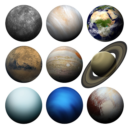 Solar system planets isolated on white for ease of use and integration into your design. Mercury, Venus, Earth, Mars, Jupiter, Saturn, Uranus, Neptune, Pluto. High quality image. Elements of this image furnished by NASA. ______ Url(s): https://photojournal.jpl.nasa.gov/catalog/pia01492 https://mars.nasa.gov/mars2020/multimedia/images/index.cfm?imageid=5396 \nhttps://photojournal.jpl.nasa.gov/catalog/PIA23791 https://photojournal.jpl.nasa.gov/catalog/PIA18182 https://www.nasa.gov/image-feature/pluto-dazzles-in-false-color https://visibleearth.nasa.gov/images/57730/the-blue-marble-land-surface-ocean-color-and-sea-ice  https://photojournal.jpl.nasa.gov/catalog/PIA16858 https://photojournal.jpl.nasa.gov/catalog/PIA22946 https://photojournal.jpl.nasa.gov/catalog/PIA23170