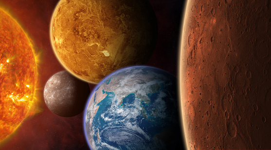 Beautiful view of the planets Mars Earth, Venus, Mercury and Sun from space. Solar system planets: Mars, Earth, Venus, Mercury - Terrestrial planets. Sci-fi background. Elements of this image furnished by NASA.  ______ Url(s): https://photojournal.jpl.nasa.gov/catalog/PIA21345 https://www.nasa.gov/multimedia/imagegallery/image_feature_1378.html https://photojournal.jpl.nasa.gov/catalog/PIA13840 https://photojournal.jpl.nasa.gov/catalog/PIA00271 https://www.nasa.gov/content/goddard/one-giant-sunspot-6-substantial-flares/