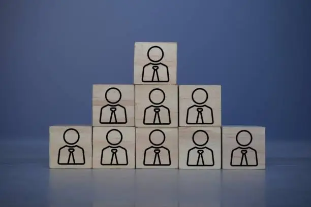 Hierarchical structure, organization and leadership concept. Wooden block pyramid with people icon