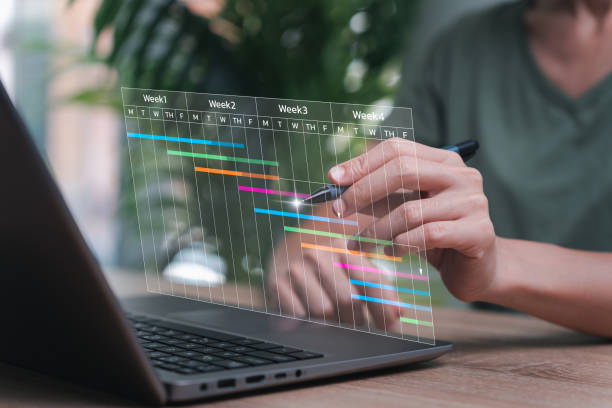 istock Business work planning and management concept, Women use laptops for project management progress planning with augmented reality Gantt chart scheduling on virtual screen, marketing grown work plan 1496126353
