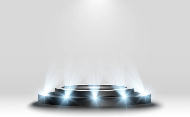 istock Podium, pedestal or platform, illuminated by spotlights in the background. Vector illustration. Bright light. Light from above. Advertising place 1496126416