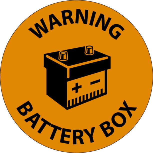 白い背景にアイコンサイン付きの警告バッテリーボックス - fuel and power generation aa battery reusable点のイラスト素材／クリップアート素材／マンガ素材／アイコン素材