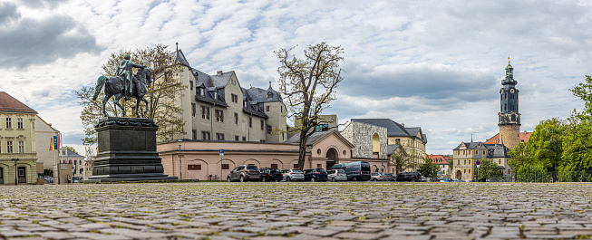 Panoramic view of Democracy Square in Weimar during the day in springtime
