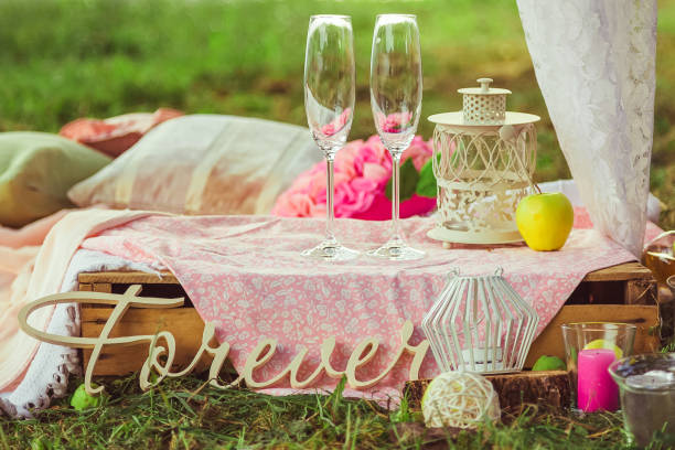 istock Romantic wedding decorations with wooden inscription 