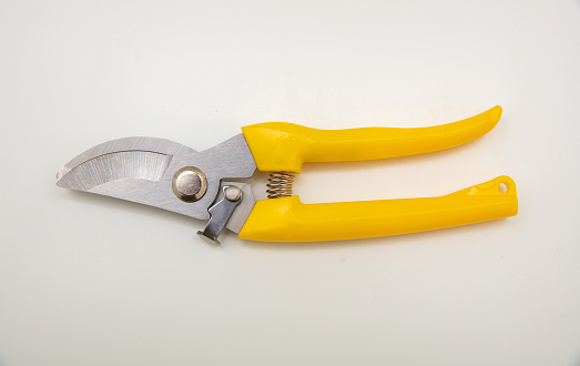Garden pruning shears yellow handle isolated on transparent background, top view.