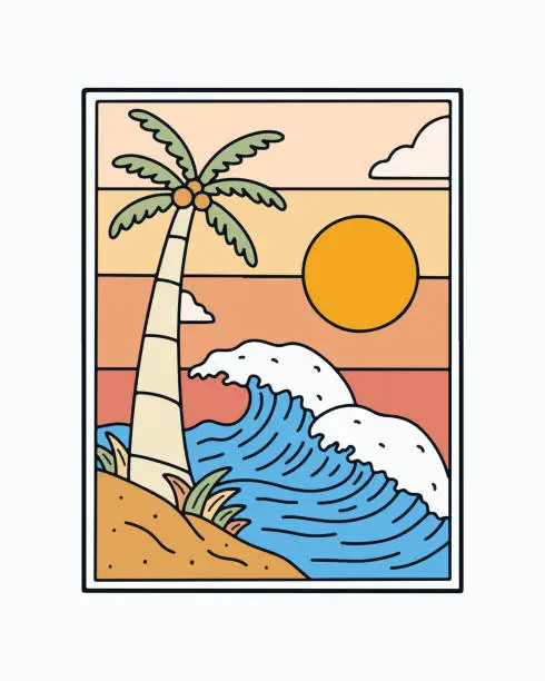 Vector illustration of Summer time on the beach theme. the waves and the coconut vector illustration for sticker, poster, t shirt and other