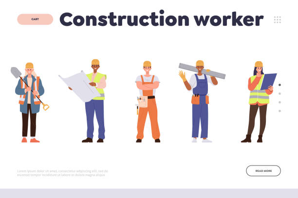 プロのスタッフ建築サービスを提供する建設作業員のランディングページデザインテンプレート - construction worker manual worker construction group of people点のイラスト素材／クリップアート素材／マンガ素材／アイコン素材