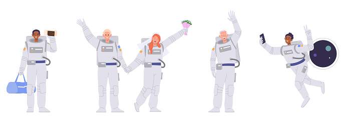 Set of cartoon cosmonaut characters in spacesuit people characters in various action and emotions vector illustration. Travelling, galaxy exploration and wedding in outer space, futuristic adventure