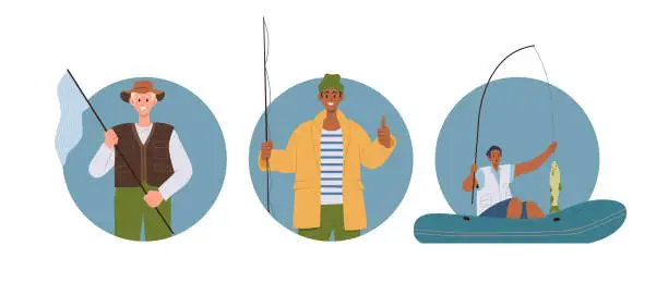 Vector illustration of Round composition set of happy satisfied fisherman catching fish using different accessory supplies