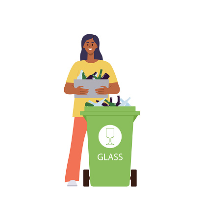 Young woman activist cartoon female volunteer character throwing out glass bottle preparing waste for recycling vector illustration. Sustainable garbage conversion to reduce environmental pollution