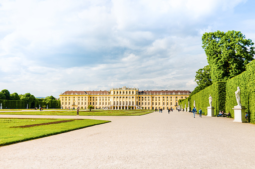 Vienna, Austria - May 10, 2023: Beautiful sunset landscape of the Schonbrunn Palace and Garden