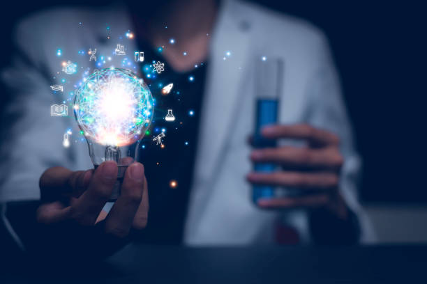 Teacher holding light bulb graduation hat, Internet education science course degree, study knowledge to creative thinking idea. E-learning graduate certificate program educational business concept.