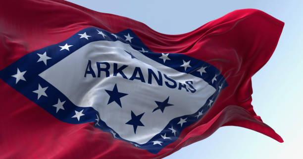 istock Arkansas state flag waving in the wind on a clear day 1496134932