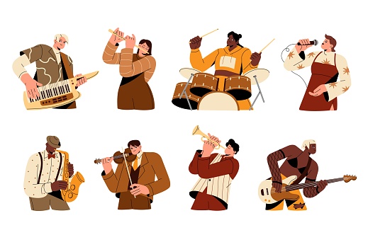 Musicians set. Music players performing on instruments, playing guitar, saxophone, drums, trumpet, violin, flute, keytar, singer singing. Flat graphic vector illustrations isolated on white background.