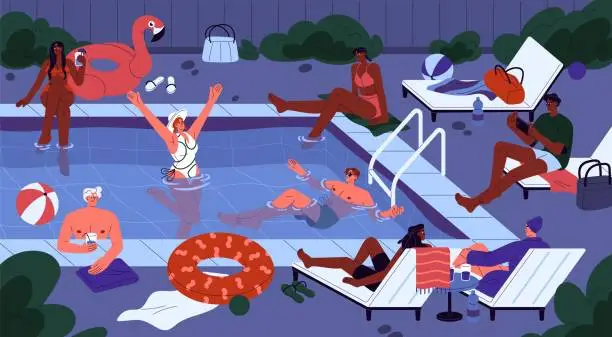 Vector illustration of People relaxing by water pool at night. Young men, women resting at nighttime party on summer holiday, weekend, swimming, chilling on deck chairs. Summertime leisure. Flat vector illustration