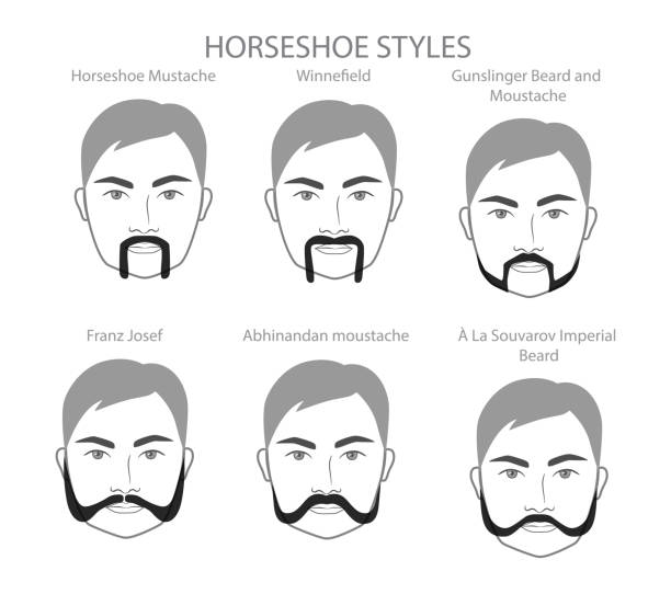 ilustrações, clipart, desenhos animados e ícones de conjunto de barba em ferradura e bigode com nome estilo texto homens rosto ilustração cabelo facial. retrato cinza preto do vetor - men human hair beautiful chin