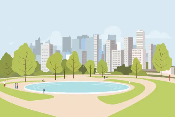 Vector illustration of City park with pond