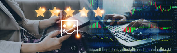 istock Customer evaluation feedback.men in suit Giving Positive Review for Client's Satisfaction Surveys.giving a five star rating. Service rating, satisfaction concept 1496140168