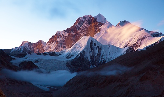 Evening sunset view of Mount Everest Lhotse and Lhotse Shar from Makalu Barun valley, Nepal Himalayas mountains