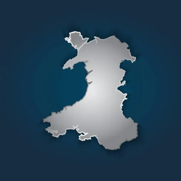 Vector illustration of Wales map metallic silver with chrome,  shine gradient on dark blue background.