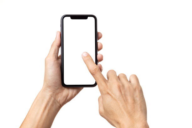 istock Hand man holding mobile smartphone with blank screen isolated on white background with clipping path 1496153072