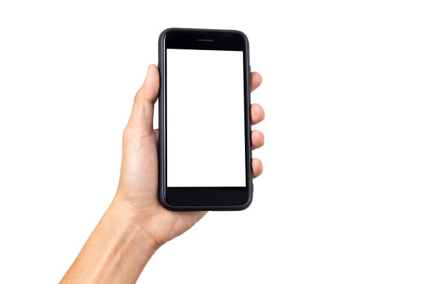 istock Hand man holding mobile smartphone with blank screen isolated on white background with clipping path 1496153078