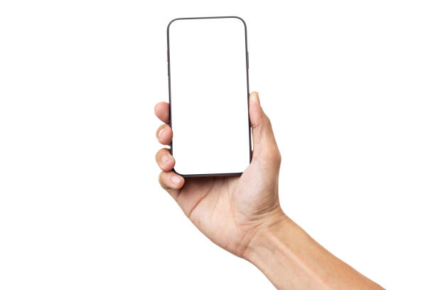 istock Hand business man holding mobile smartphone with blank screen isolated on white background with clipping path 1496153079