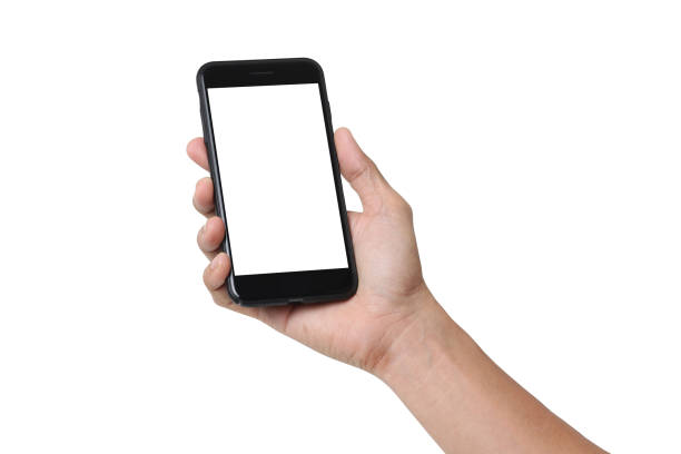 istock Hand man holding mobile smartphone with blank screen isolated on white background with clipping path 1496154049