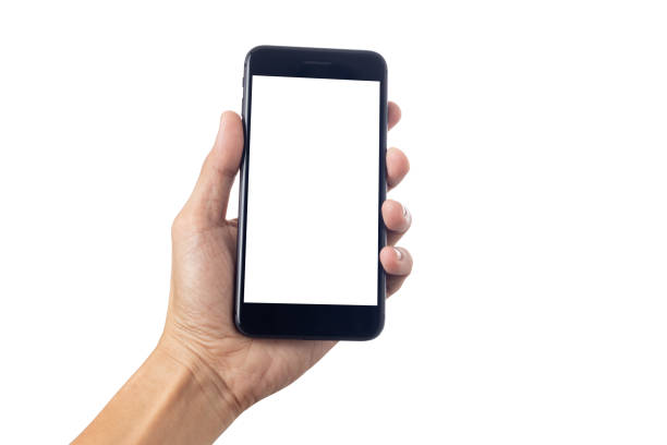istock Hand man holding smartphone with blank screen isolated on white background with clipping path 1496154065