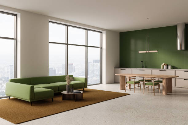 istock Light home interior with chill and cooking corner, panoramic window 1496154395