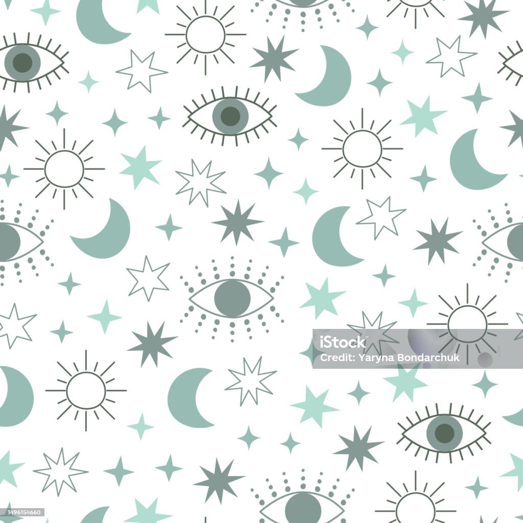 Evil Pattern Star Evil Eye Celestial Seamless Pattern With Stars Moon And Sun Stock ...