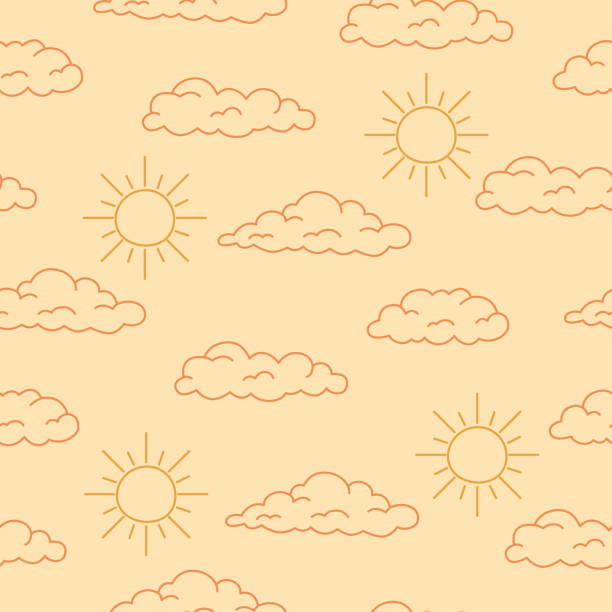 Boho celestial seamless pattern with line art cloud and sun Pastel colors universe surface design. Vector illustration cloud outline background stock illustrations