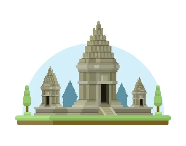 Vector illustration of Prambanan Hindu Temple from Southern Java, Indonesia Flat Design Illustration Vector
